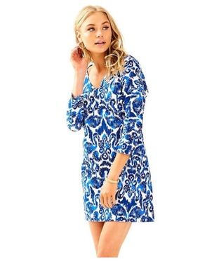 NWT Lilly Pulitzer Blue White Cori Shift Dress Beach Bathers Flamingo Size XS